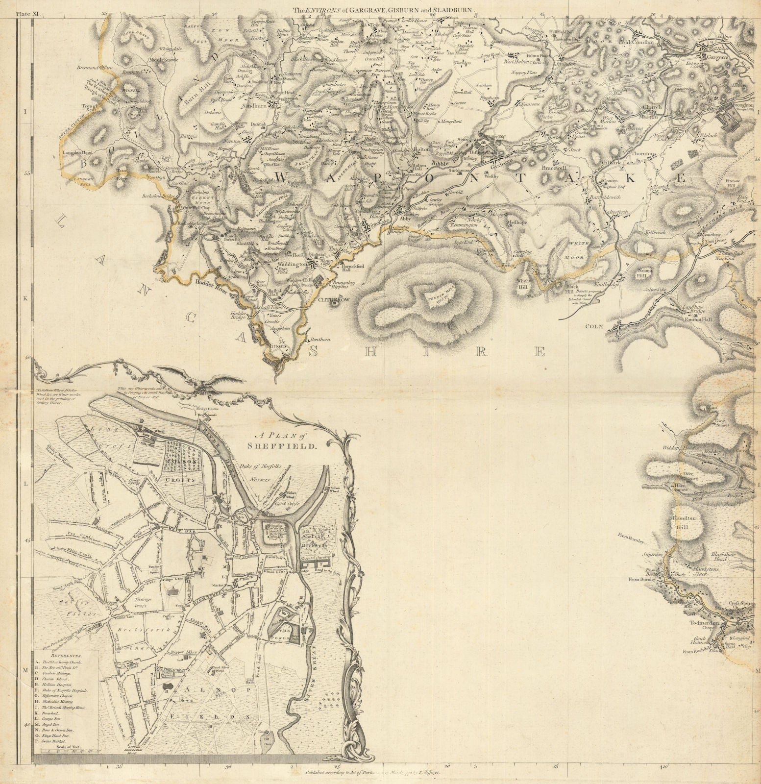 Sheffield city plan & West Yorkshire. Gargrave & Gisburn. T. Jefferys 1772 map